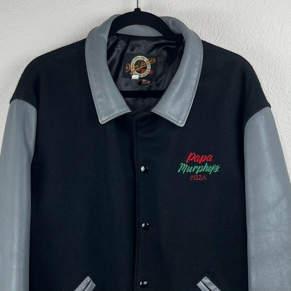 1990 Vintage Dehen Papa Murphys Black Gray Leather Wool Varsity Bomber Jacket XL - Picture 4 of 15